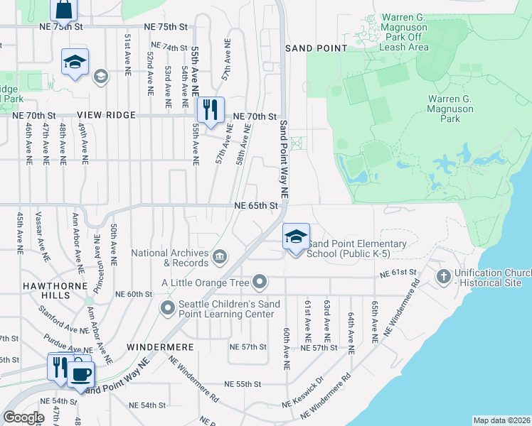 map of restaurants, bars, coffee shops, grocery stores, and more near 5856 Northeast Park Point Place in Seattle
