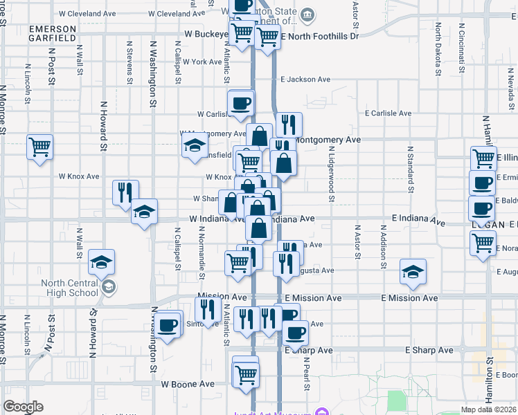 map of restaurants, bars, coffee shops, grocery stores, and more near 1918 North Division Street in Spokane