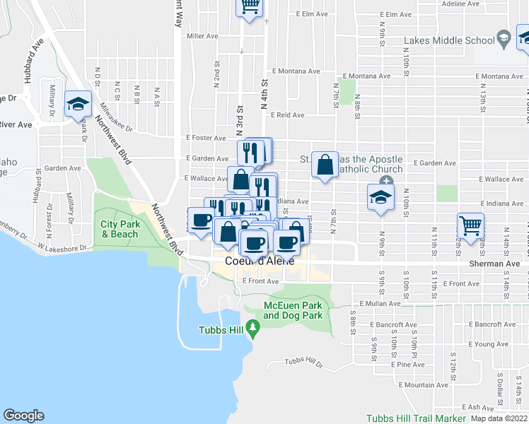 map of restaurants, bars, coffee shops, grocery stores, and more near 310 North 4th Street in Coeur d'Alene