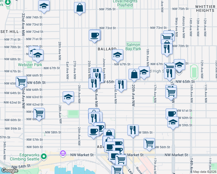 map of restaurants, bars, coffee shops, grocery stores, and more near 2222 Northwest 64th Street in Seattle