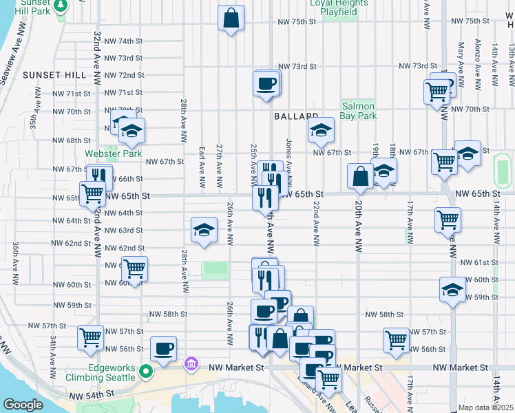 map of restaurants, bars, coffee shops, grocery stores, and more near 2414 Northwest 64th Street in Seattle