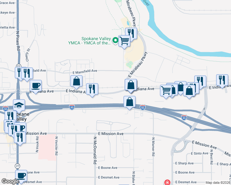 map of restaurants, bars, coffee shops, grocery stores, and more near East Indiana Avenue in Spokane Valley