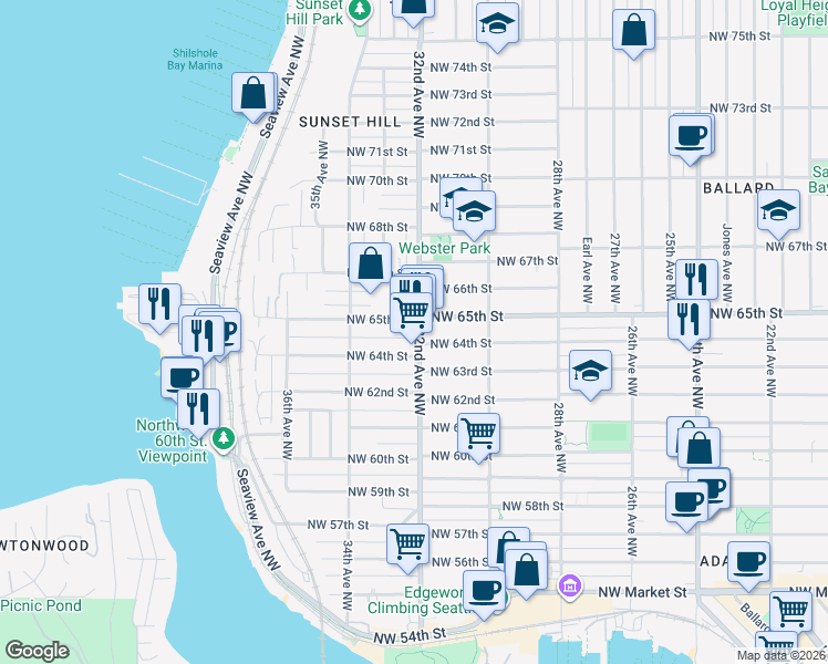 map of restaurants, bars, coffee shops, grocery stores, and more near 6415 32nd Avenue Northwest in Seattle