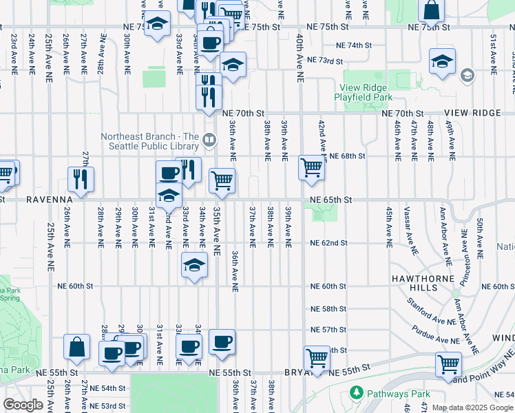 map of restaurants, bars, coffee shops, grocery stores, and more near 6507 38th Avenue Northeast in Seattle