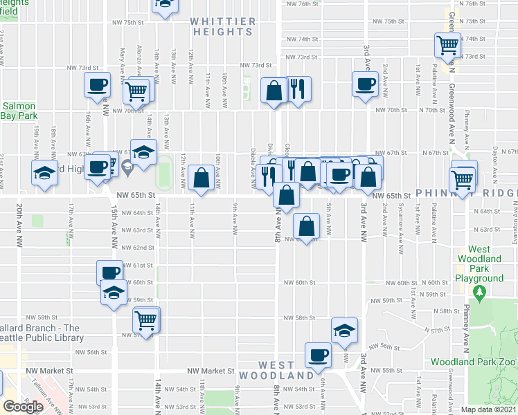 map of restaurants, bars, coffee shops, grocery stores, and more near 824 Northwest 64th Street in Seattle