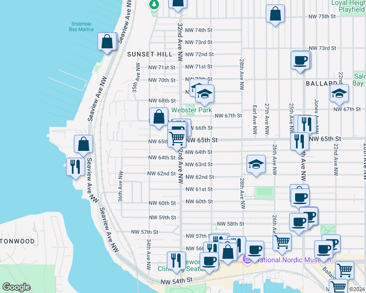 map of restaurants, bars, coffee shops, grocery stores, and more near 3200 Northwest 65th Street in Seattle