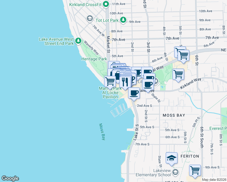 map of restaurants, bars, coffee shops, grocery stores, and more near 25 Lakeshore Plaza Drive in Kirkland