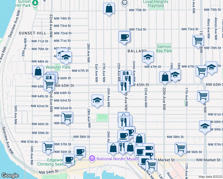 map of restaurants, bars, coffee shops, grocery stores, and more near 2444 Northwest 64th Street in Seattle