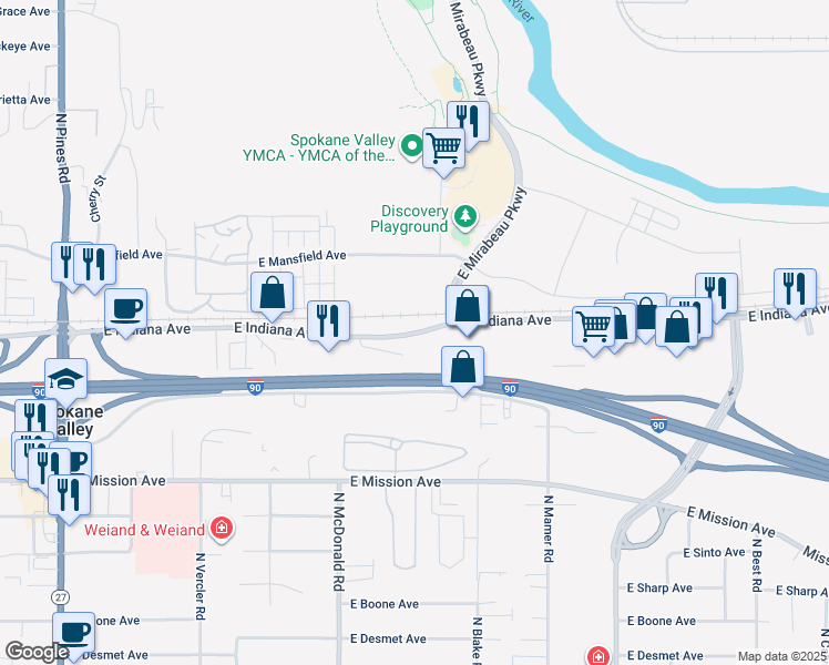 map of restaurants, bars, coffee shops, grocery stores, and more near 13301 E Indiana Ave in Spokane Valley