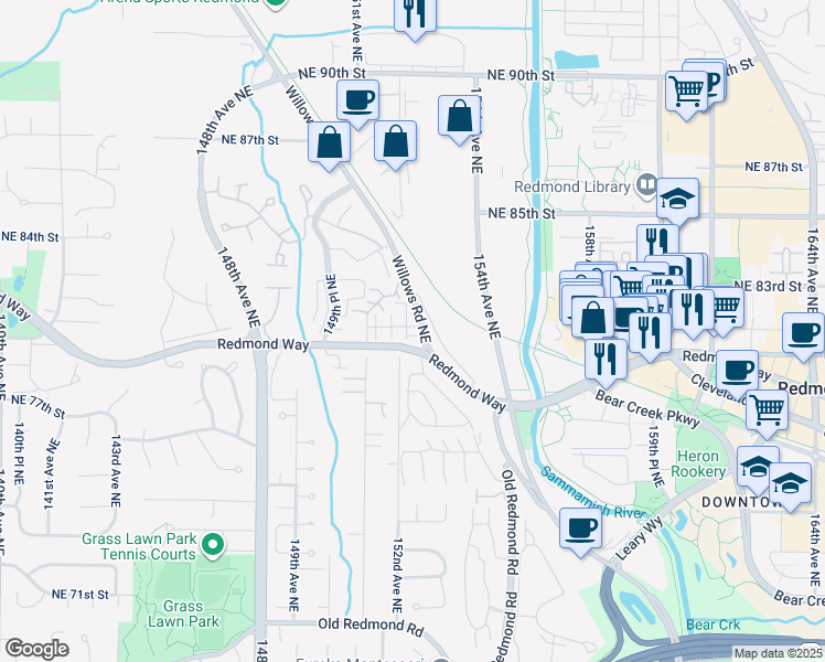 map of restaurants, bars, coffee shops, grocery stores, and more near 15212 Northeast 81st Way in Redmond