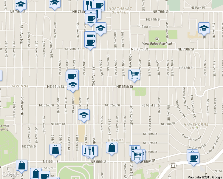 map of restaurants, bars, coffee shops, grocery stores, and more near 6507 38th Avenue Northeast in Seattle