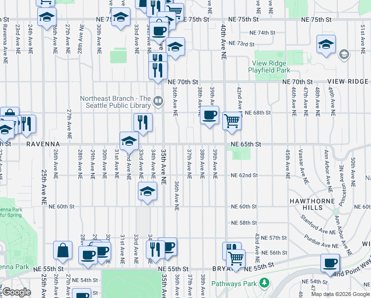 map of restaurants, bars, coffee shops, grocery stores, and more near 6509 36th Avenue Northeast in Seattle