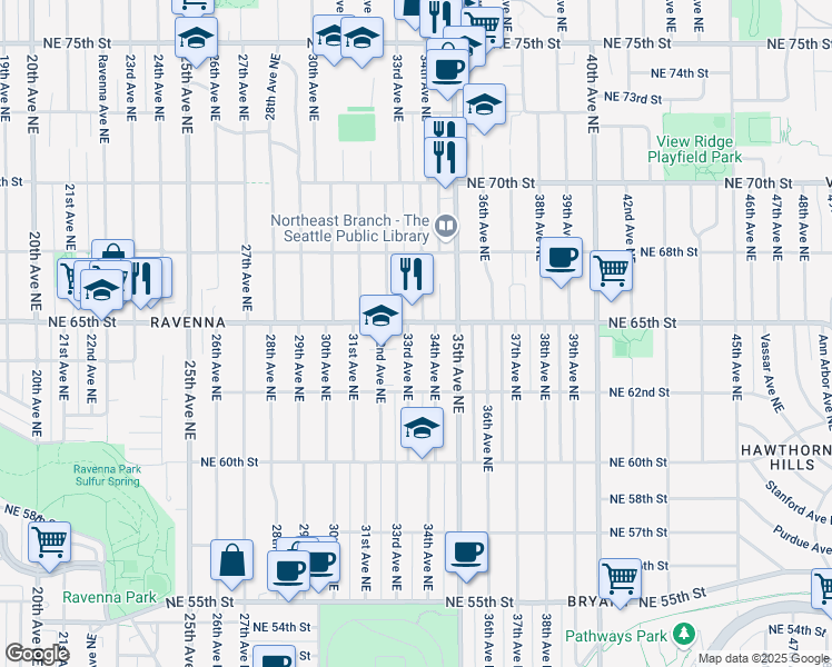 map of restaurants, bars, coffee shops, grocery stores, and more near 3334 Northeast 65th Street in Seattle