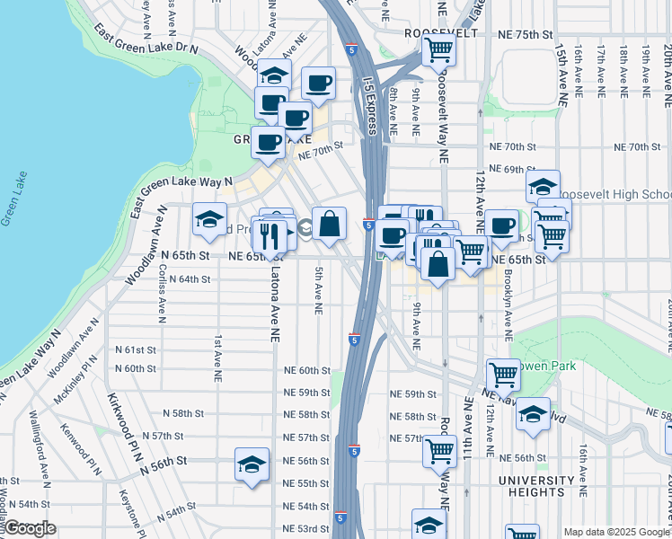 map of restaurants, bars, coffee shops, grocery stores, and more near in Seattle