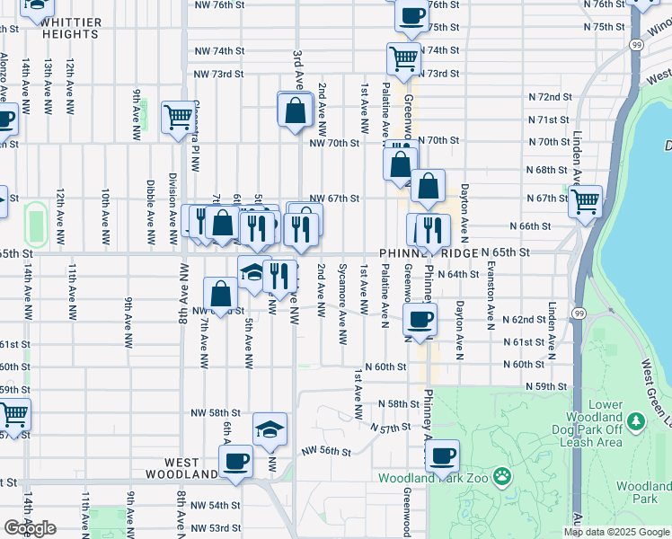 map of restaurants, bars, coffee shops, grocery stores, and more near 6501 2nd Avenue Northwest in Seattle