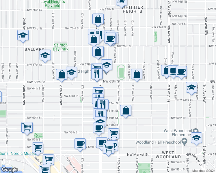 map of restaurants, bars, coffee shops, grocery stores, and more near 1413 Northwest 65th Street in Seattle