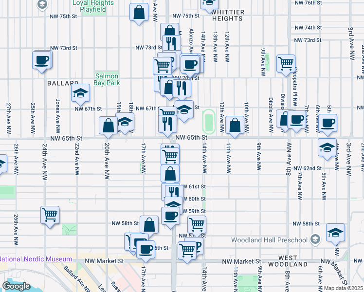 map of restaurants, bars, coffee shops, grocery stores, and more near 6416 15th Avenue Northwest in Seattle