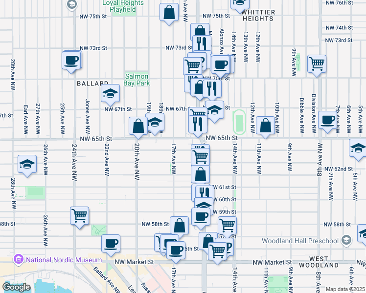 map of restaurants, bars, coffee shops, grocery stores, and more near 1533 Northwest 65th Street in Seattle