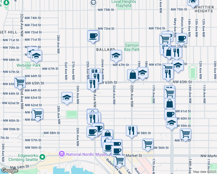map of restaurants, bars, coffee shops, grocery stores, and more near 6512 23rd Avenue Northwest in Seattle