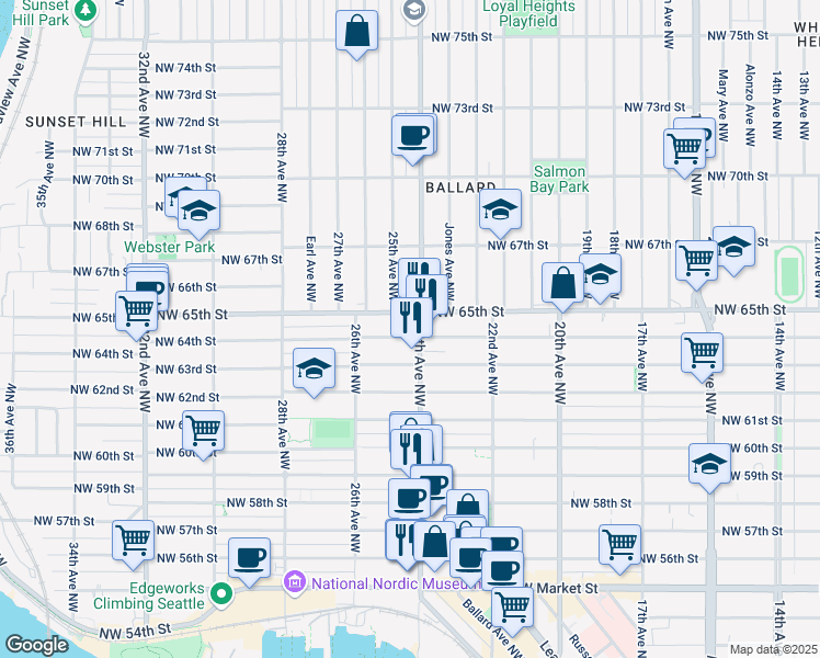 map of restaurants, bars, coffee shops, grocery stores, and more near 6501 24th Avenue Northwest in Seattle