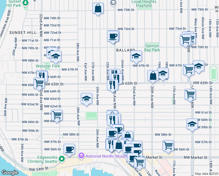 map of restaurants, bars, coffee shops, grocery stores, and more near in Seattle