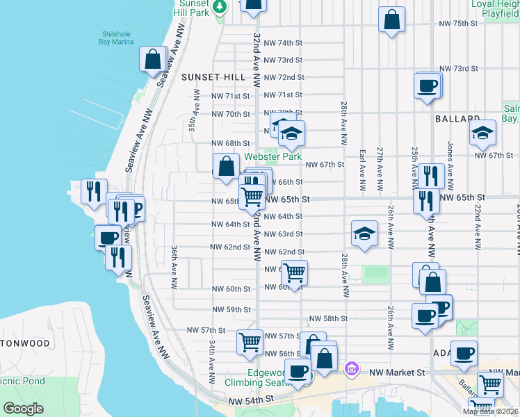 map of restaurants, bars, coffee shops, grocery stores, and more near 3200 Northwest 65th Street in Seattle