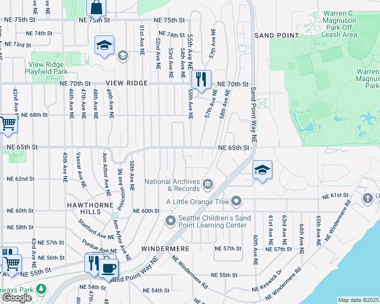 map of restaurants, bars, coffee shops, grocery stores, and more near 5404 Northeast 65th Street in Seattle