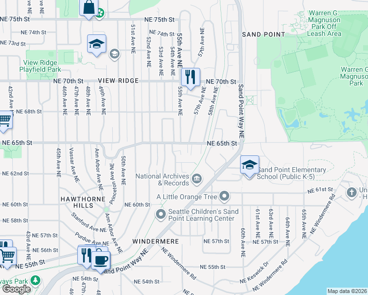 map of restaurants, bars, coffee shops, grocery stores, and more near 6504 57th Avenue Northeast in Seattle