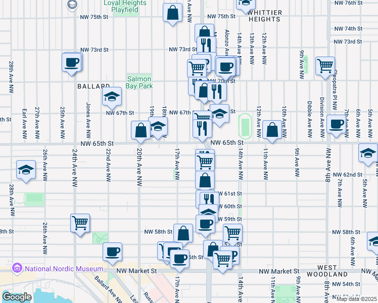 map of restaurants, bars, coffee shops, grocery stores, and more near 1536 Northwest 64th Street in Seattle