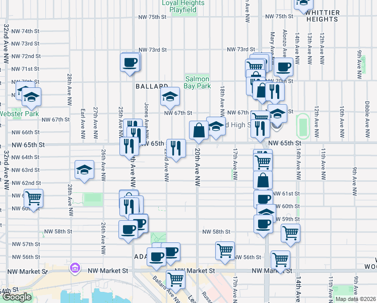 map of restaurants, bars, coffee shops, grocery stores, and more near 2031 Northwest 65th Street in Seattle