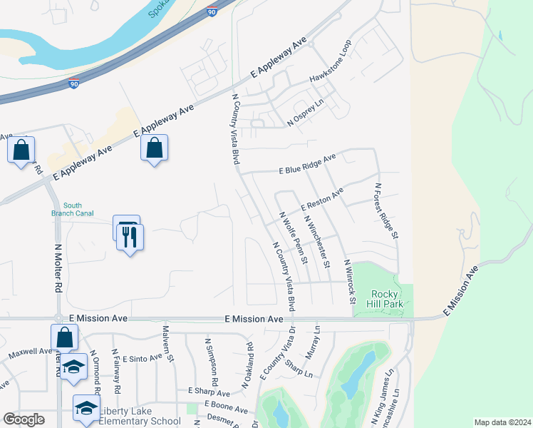 map of restaurants, bars, coffee shops, grocery stores, and more near 2130 North Country Vista Boulevard in Liberty Lake