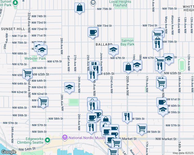 map of restaurants, bars, coffee shops, grocery stores, and more near 2349 Northwest 65th Street in Seattle