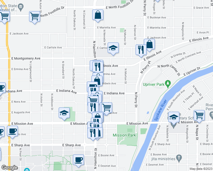 map of restaurants, bars, coffee shops, grocery stores, and more near 938 East Baldwin Avenue in Spokane
