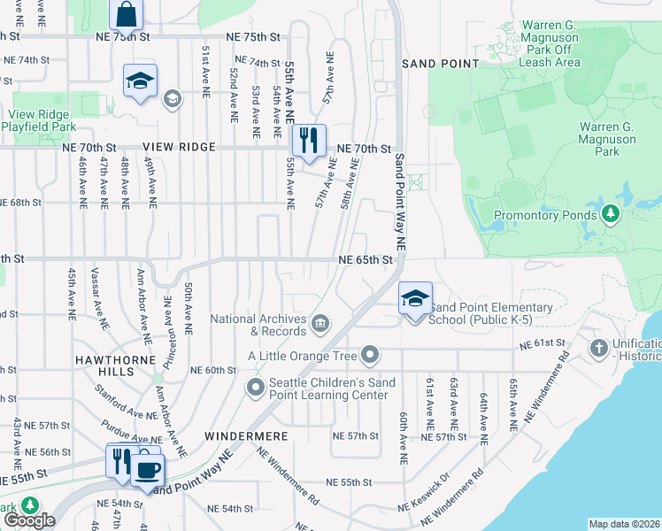 map of restaurants, bars, coffee shops, grocery stores, and more near 6414 58th Avenue Northeast in Seattle
