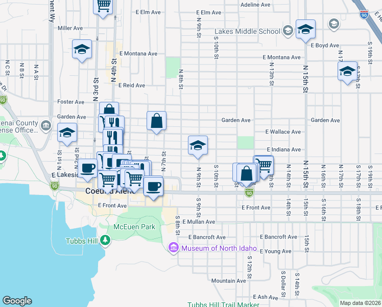 map of restaurants, bars, coffee shops, grocery stores, and more near 814 East Indiana Avenue in Coeur d'Alene