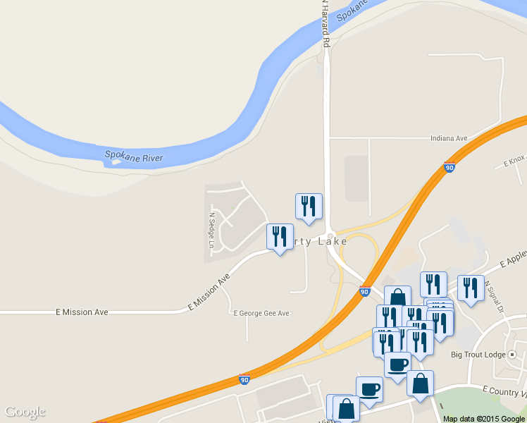 map of restaurants, bars, coffee shops, grocery stores, and more near East Bitterroot Lane in Liberty Lake