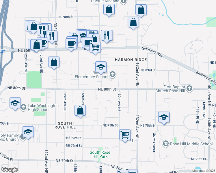 map of restaurants, bars, coffee shops, grocery stores, and more near 12830 Northeast 80th Street in Kirkland