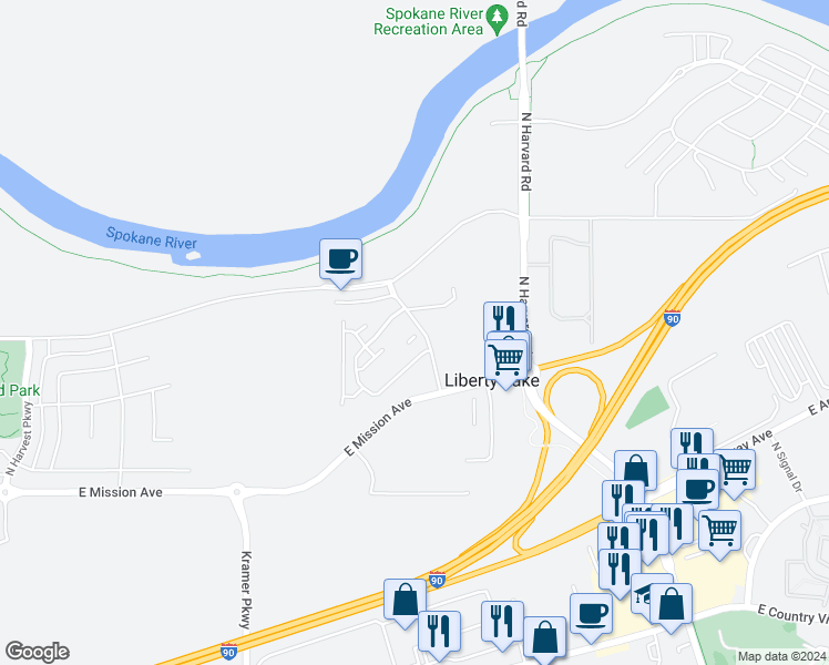 map of restaurants, bars, coffee shops, grocery stores, and more near 21580 East Bitterroot Lane in Liberty Lake