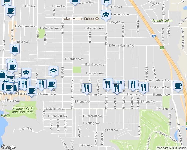 map of restaurants, bars, coffee shops, grocery stores, and more near 1314 East Indiana Avenue in Coeur d'Alene