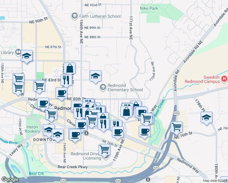 map of restaurants, bars, coffee shops, grocery stores, and more near 16907 Northeast 82nd Street in Redmond