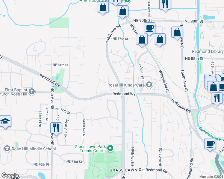 map of restaurants, bars, coffee shops, grocery stores, and more near 8104 146th Court Northeast in Redmond