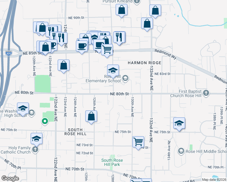 map of restaurants, bars, coffee shops, grocery stores, and more near 8031 128th Avenue Northeast in Kirkland