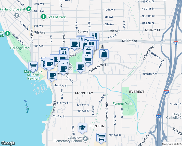 map of restaurants, bars, coffee shops, grocery stores, and more near 523 Kirkland Way in Kirkland