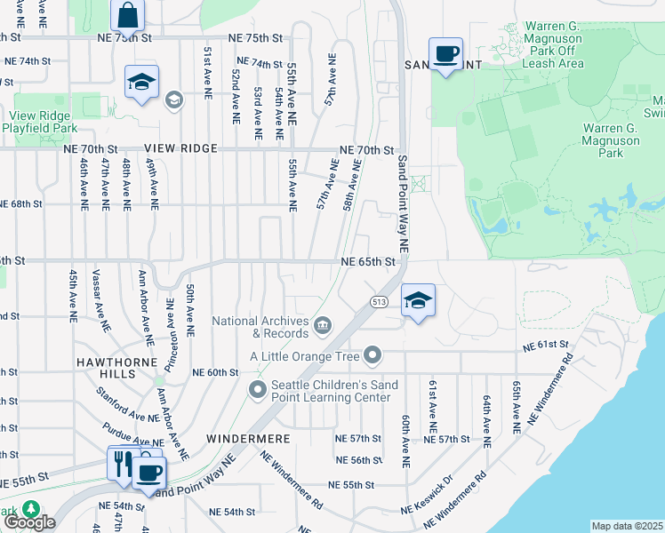 map of restaurants, bars, coffee shops, grocery stores, and more near 6511 58th Avenue Northeast in Seattle