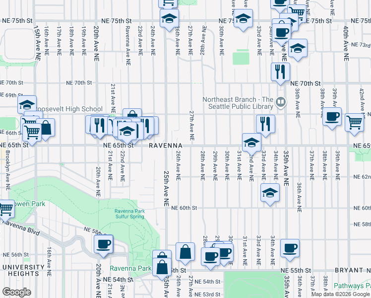 map of restaurants, bars, coffee shops, grocery stores, and more near 2602 Northeast 65th Street in Seattle