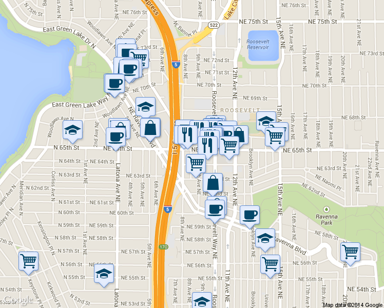 map of restaurants, bars, coffee shops, grocery stores, and more near 812 Northeast 65th Street in Seattle