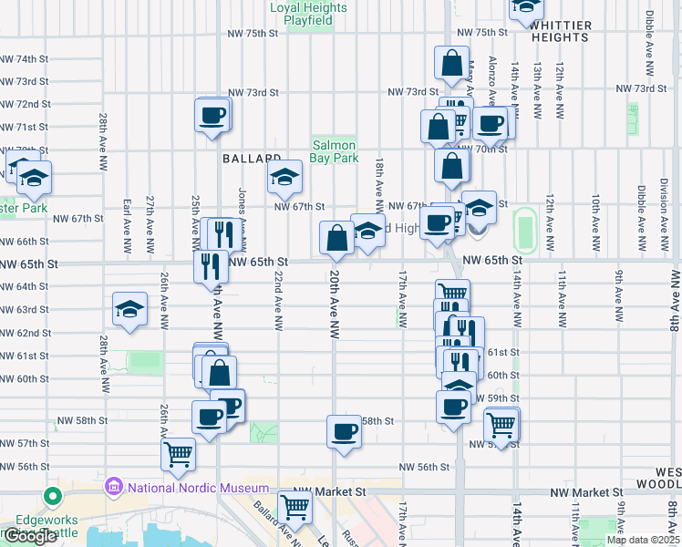 map of restaurants, bars, coffee shops, grocery stores, and more near in Seattle
