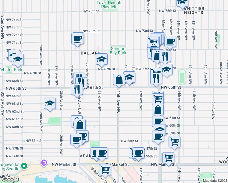 map of restaurants, bars, coffee shops, grocery stores, and more near in Seattle