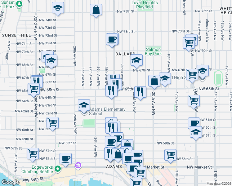 map of restaurants, bars, coffee shops, grocery stores, and more near in Seattle