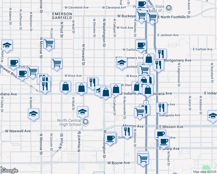 map of restaurants, bars, coffee shops, grocery stores, and more near 324 West Shannon Avenue in Spokane
